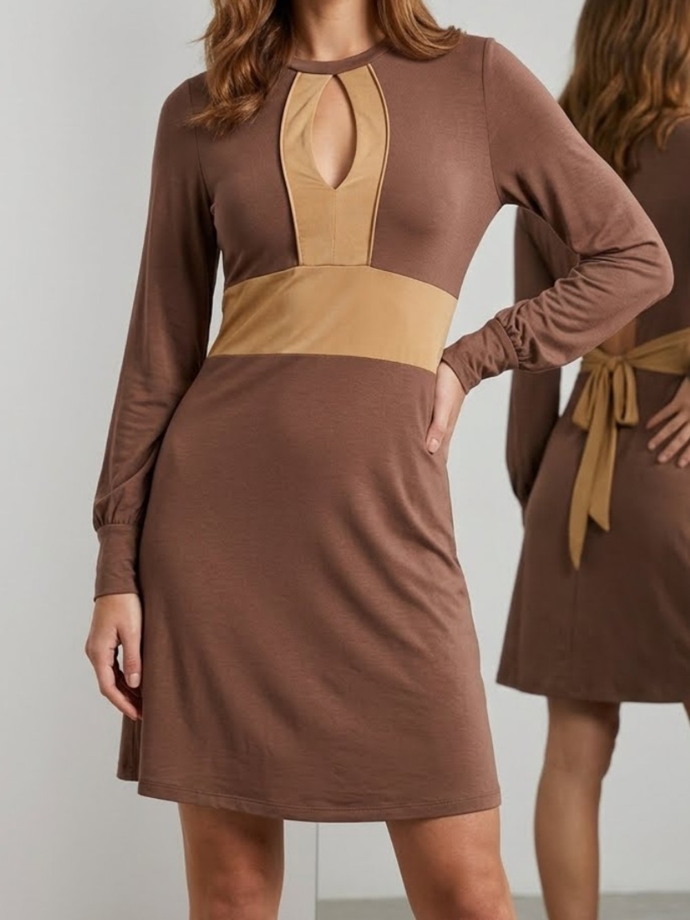 ASOS Stretch Jersey Knit Colorblock Keyhole Cutout Long Sleeve Tie Back Dress